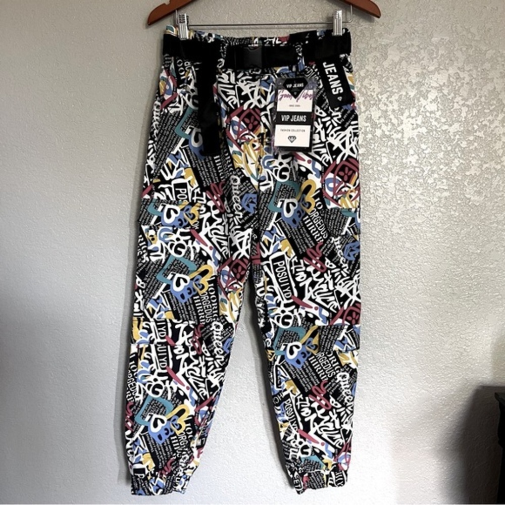 VIP Jeans Urban Graffiti Jogger Style Ankle Faux Cargo Pants Women’s Siz…